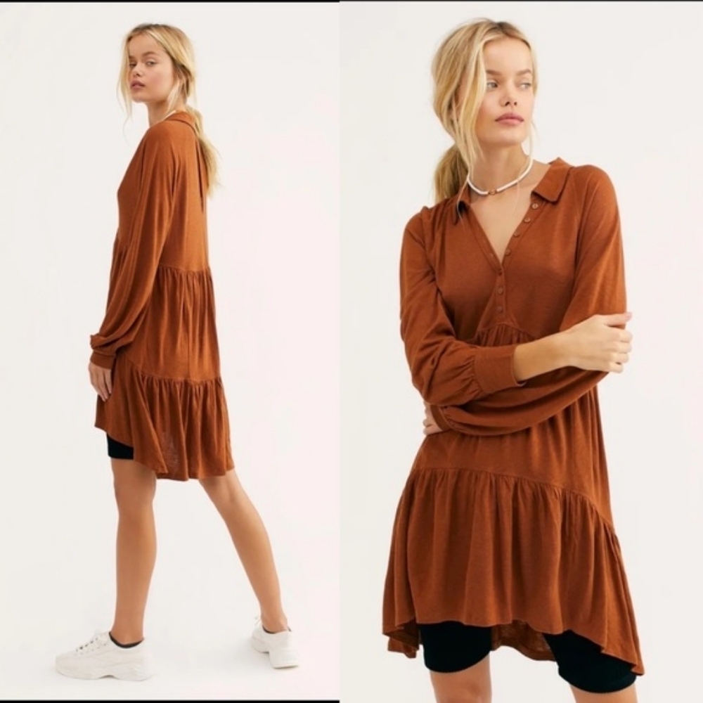 Free People Best Girl Tiered Swing Knit Tunic Dress In Cognac Brown